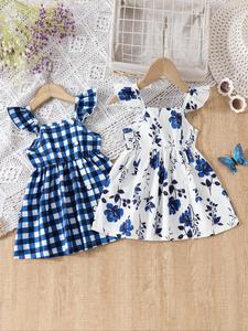 Toddler Girl's Floral/Plaid Print Ruffle Trim Button Cami Dress, Casual Sleeveless Dress for Daily Wear, Kids Clothes for Summer
