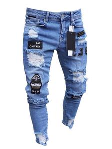 Men's Regular Fit Chicken Embroidery Ripped Slim Jeans, Casual Comfy Denim Pants for Daily Wear, Fashion Men's Bottoms for All Seasons