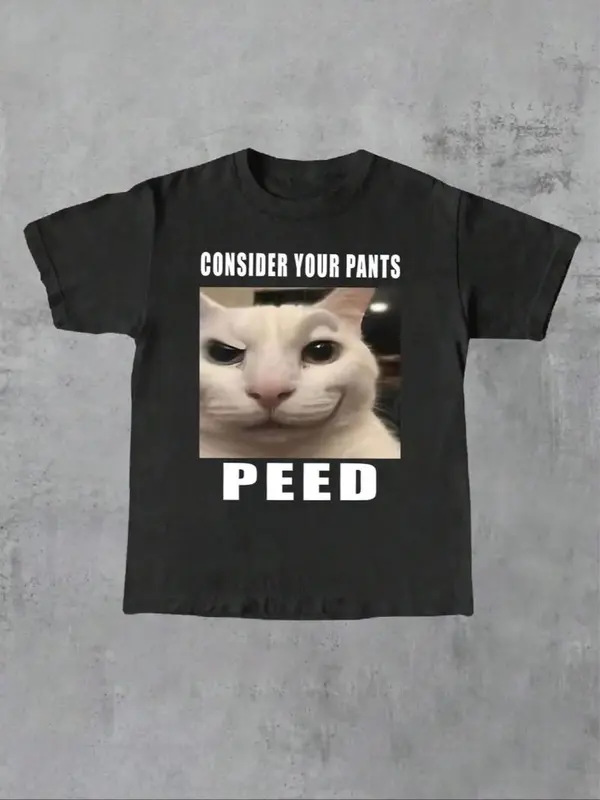 Men's Regular Fit Letter & Cat Print Round Neck Tee, Street Fashion Casual Short Sleeve T-shirt for Daily Wear, Menswear for Summer 7