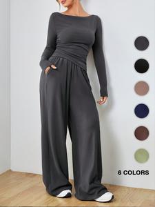 Two-piece Set Women's Solid Knitting Ruched Boat Neck Long Sleeve Tee & Elastic Waist Wide Leg Pants, Basic Elegant Fashion Fitted Casual Outfits for Daily Outdoor Wear, Women Matching Clothing for Fall & Winter, Longsleeves Womenswear, Yoga Outfit Set