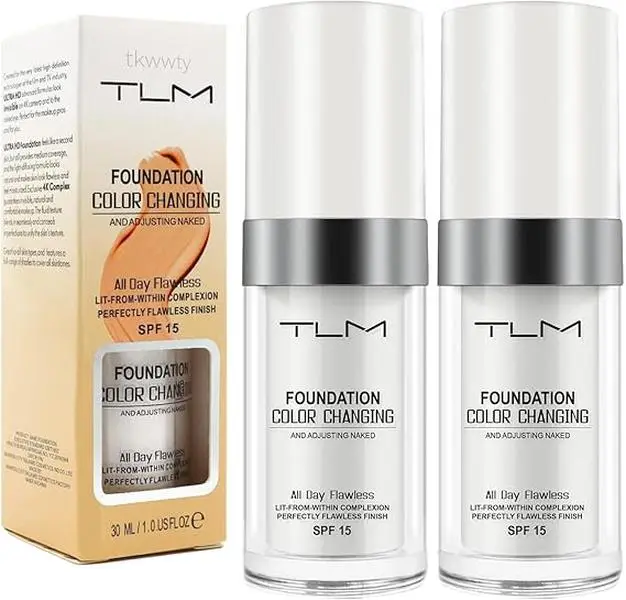 2 Pack TLM Color Changing Foundation For Aging Skin,Liquid Makeup Base Nude Face Cover Concealer Cream, Warm Skin Tone Moisturizing Cover, 30 mL 0