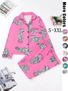 Women's All Over Tiger Print Lapel Pocket Blouse & Elastic Waist Pants Pyjama Two-Piece Set, Casual Comfy Long Sleeve Button Front Top & Trousers PJ Set, Ladies Sleepwear for Spring & Fall, Loungewear Set Women Pajama Set