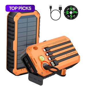 20000mAh Solar Powered Hand-crank Power Bank, 1 Count 4 Built-in Cables, Type-C Input/Output, with Compass Function, SCP22.5W+PD20W Fast Charging, Built-in Bright Flashlight
