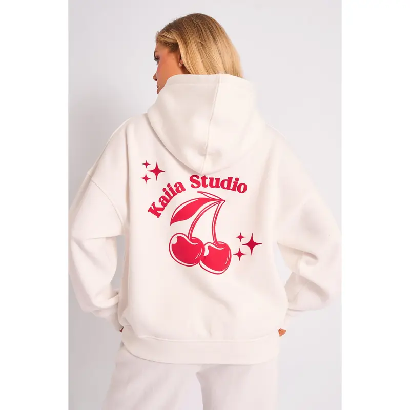 Kaiia Studio Cherry Graphic Oversized Hoodie Cream & Red 0