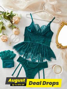 Women's Contrast Lace Sheer Lingerie Set, Sexy Comfy Breathable Bra & Thong & Stocking Set for Daily Wear, Lingerie Set for Women, Soft Breathable Lingerie