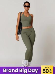 Women's Backless Halter Crop Top & Leggings Tracksuit Set, Casual Sporty Outfits for Gym Workout Running, Workout Sets Women, Women Workout Clothes, Sporty Style Clothes, Gymwear, Athletic Sports Clothing, Stretch Fabric Activewear, Fitness Activewear