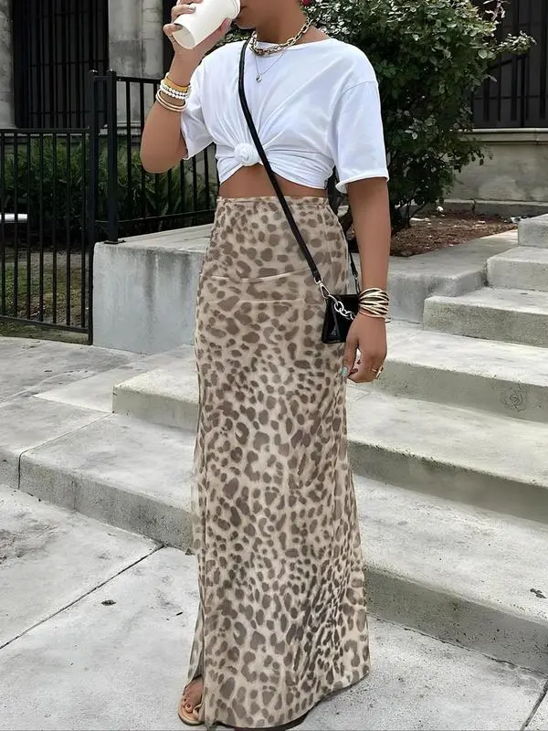 Women's Leopard Print High Waist Bodycon Skirt, Fashion Casual Long Skirt for Daily Outdoor Wear, Ladies Bottoms for Summer 5