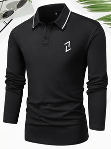 Men's Geometric Print Half Button Polo Shirt, Anti-Wrinkle Breathable Black Long Sleeve Collared T-shirts for Men, Thin Knitting Tops for Spring, Retro Business Casual Men Clothes
