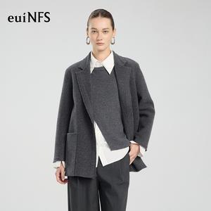 【euiNFS】Oversized Wool Blend Blazer for Women | Minimalist Grey Coat | Warm Fall Winter Outerwear | Casual Workwear Jacket【E433053】