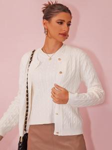 Women's Solid Button Front Long Sleeve Cardigan & Short Sleeve Knit Top Set, Casual Cable Knit Outfit Set  for Fall & Winter, Women's Knit Clothing for Daily Wear