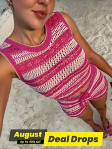 Women's Random Striped Pattern Knit Tank Top & Shorts Two-piece Set, Casual Sleeveless Top & Shorts for Beach Vacation Holiday, Ladies Sweater Sets for Summer, Cute Summer Outfit