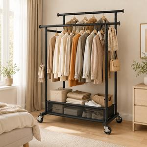 Double Rail Clothes Rack with Wheels, Freestanding Rolling Garment Rail Organiser with Bottom Storage Shelf and Hangable Side Hooks, Large Capacity Clothes Hanging Rack for Bedroom, Laundry Room & Dressing Room, Black