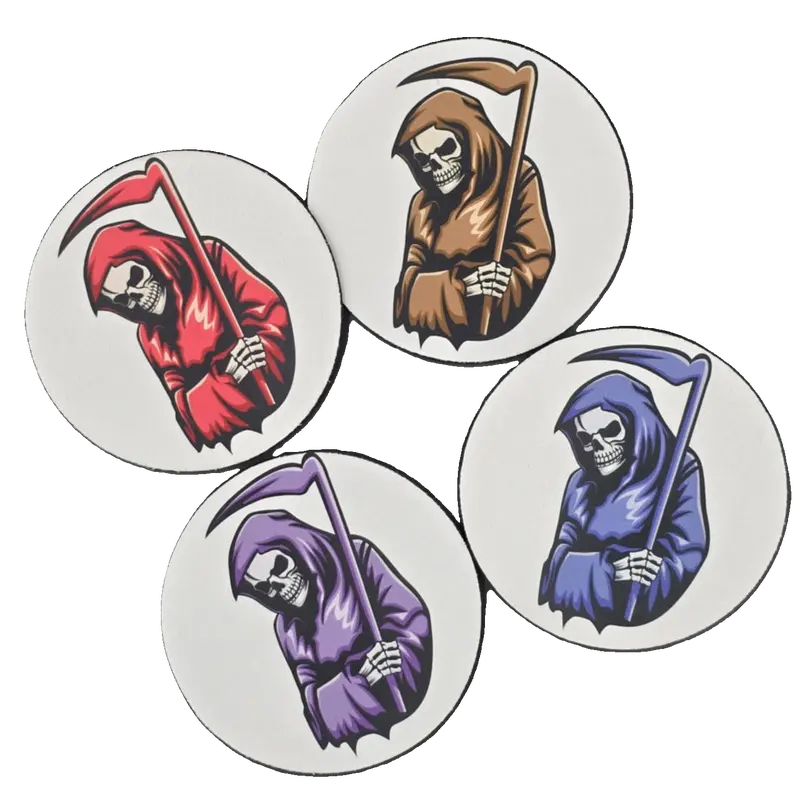 Assorted sets of 4 gothic designed coasters rose skulls design, witches cat design, grim reaper design and fly bats design 4