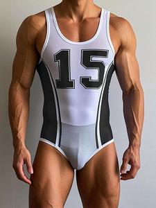 Men's Number Printed Sleeveless Triangle Bodysuit, Casual Sporty Style Crew Neck Jumpsuits for Summer, Men's Bottoming Playsuits, Streetwear Fashion Men's Clothes for Daily Wear