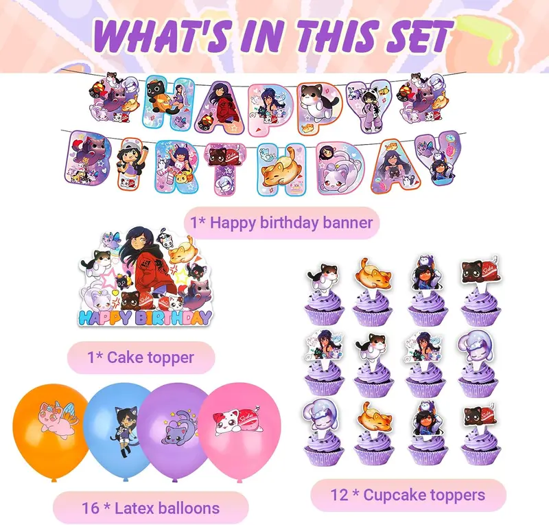 Cat Birthday Party Decoration, Cartoon Theme Party Decoration Supplies Birthday Party Supplies Set Including Cake Topper, Cupcake Topper, Latex Balloons, Happy Birthday Banner for Kids Boys Girls 1