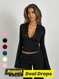 Women's Contrast Lace Plunge Neck Flounce Sleeve Tee, Fitted Elegant Deep V Neck Long Sleeve Top for Spring Summer Fall, Women's Basic Clothes for Daily Wear