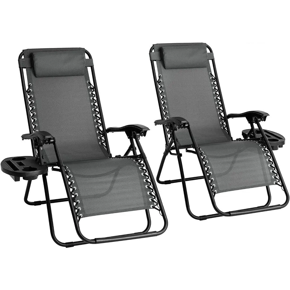 Straame Garden | Zero Gravity Chair | Set of 2 | Heavy Duty Textoline | Outdoor & Garden Sunloungers | Reclining & Folding Chair with Cup Holder and Headrest Pillow(Grey, Set of 2 Classic Chair)