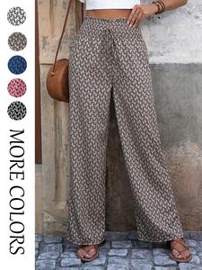 Women's All Over Print Frill Shirred Wide Leg Pants, Elegant Casual Loose Trousers for Daily Wear, Ladies Bottoms for All Seasons, Womenswear, Bohemian Trousers, Casual Fashion Pants
