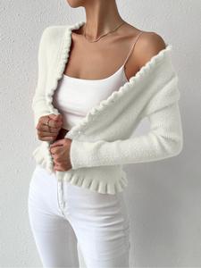 Women's Plain Frill Trim Sweater Cardigan, Elegant Long Sleeve Open Front Knitwear for Fall & Winter, Fashion Women's Knit Clothing for Daily Wear, Womenswear