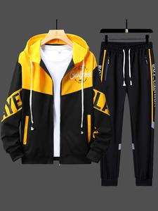 Two-piece Set Men's Colorblock Zip Up Hooded Jacket & Drawstring Waist Pocket Pants, Regular Fit Casual Long Sleeve Outerwear & Elastic Waist Trousers for Spring & Fall, Men's Clothes for Daily Wear, Men's Top and Bottoms