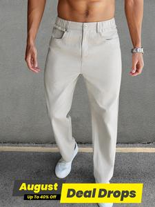 Men's Solid Button Pocket Straight Leg Pants, Regular Fit Casual Comfy Trousers for Work Office Business Daily Wear, Beige Men's Bottoms for All Seasons