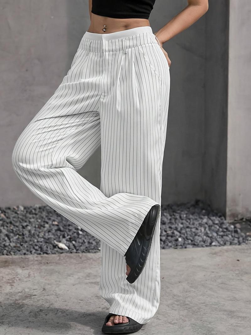 Product Introduction of Women's High-Waist Striped Wide-Leg Blazer Pants - Navy Blue & White Vertical Stripes, Polyester, Casual Style, Machine Washable, Spring/Summer/Fall Wear, Versatile Legwear | Wideleg Design | Glossy Texture, Wide Leg Pants 11