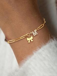Bowknot Design Initial Bracelet, Stackable Bracelet, Gifts for Girlfriend, Rhinestone Decorated Link Bracelet for Women & Girls, Personalized Modern Fashion Accessories for Party, Daily Decor, Trendy All-match Jewelry Accessories for Gift