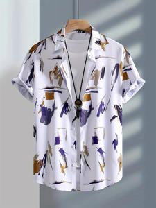 Men's Loose Pop Art Print Button Front Shirt Without Tee & Necklace, Casual Short Sleeve Collar Shirt for Summer, Fashion Men's Clothes for Daily Wear