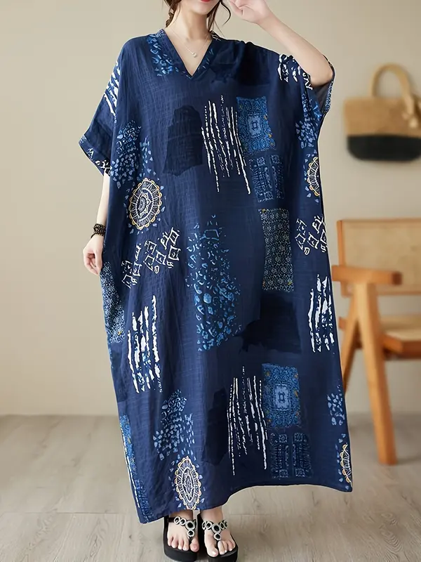 Elegant Plus Size V-Neck Kaftan Dress Gown - 100% Viscose Non-Stretch Fabric, Short Sleeve, Casual Pockets, All-Season, Woven Dressing Gown for Women 4