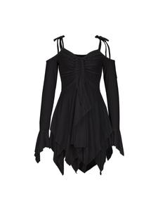 Women's Layered Asymmetrical Hem Ruched Tie Shoulder Cold Shoulder Dress, Punk Y2K Fashion Flounce Sleeve A Line Short Dress for Daily Outdoor Wear, Women Dress for Spring & Fall