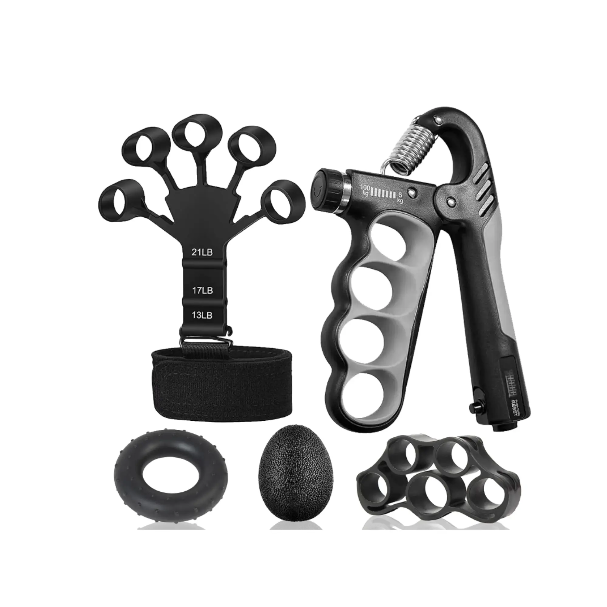 Hand Grip Strengthener Set (5-Pack) – Adjustable Forearm Grippers, Finger Stretcher, Grip Ring, and Stress Relief Ball for Athletes and Strength Training