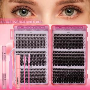 DIY Lash Clusters Kit 30-100D Volume Eyelash Extension Kit 8-16mm Thick Individual Lashes, Includes Lash Bond and Seal, Lash Tweezers and Brush, Eyelash Glue Extension