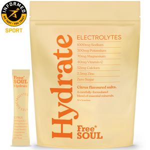 Hydrate Electrolyte Sachets by Free Soul – Sodium, Magnesium, Vitamin C, & More - Zero Sugar, Advanced Hydration Sachets for Enhanced Hydration & Recovery | Citrus Flavour | 30 Sachets