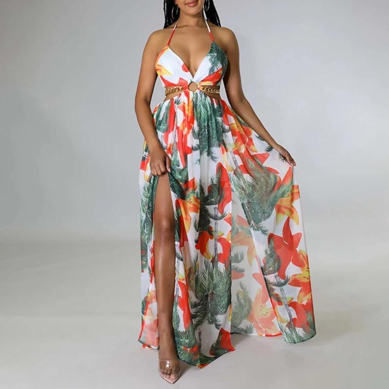 Floral Print Maxi Dress For Women Stylish French Halterneck Summer Dress Mid Length Camisole Dress Elegant High Split Dress 0