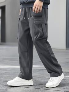 Men's Solid Multi-pocket Cargo Pants, Loose Casual Comfy Trousers for Spring & Fall, Woven Bottoms for Men, Beige