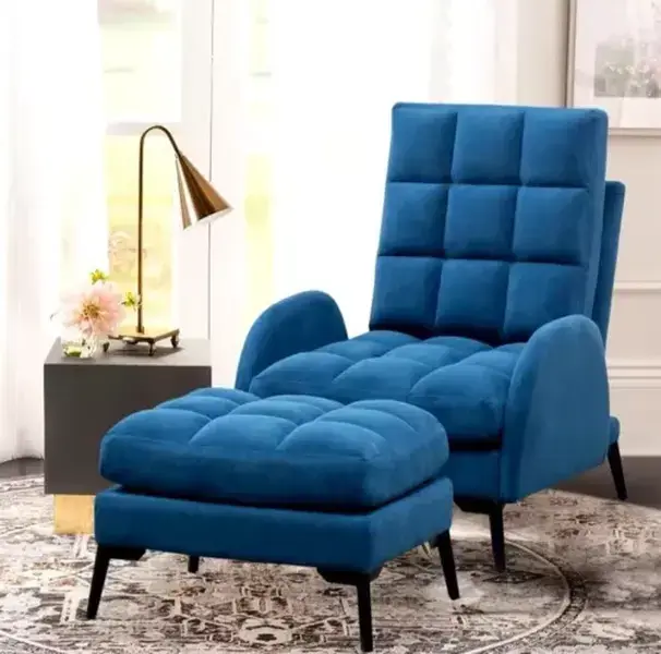 Blue Velvet Recliner Armchair with Thickened Footstool Living Room Furniture