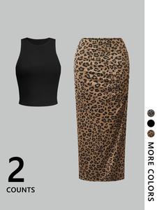 Two-Piece Set Women's Leopard Print Crop Tank Top & Skirt, Casual Fashion Cozy for Daily Outdoor Wear, Ladies Clothes for Summer, Suits