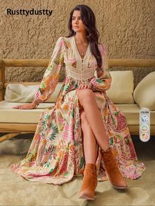 Women's Leaf Print Contrast Lace Button Front Split Thigh Dress, Elegant Bishop Sleeve V Neck Ruffle Hem Long Dress for Holiday Vacation, Ladies Fall & Winter Clothes