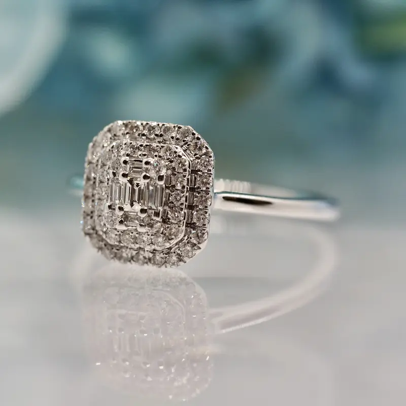 White Gold 0.21ct Baguette & Round Brilliant Cut Diamond Octagonal Cluster Ring, size L 1/2 1