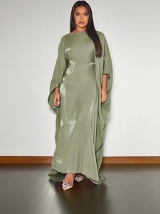 Women's Solid Batwing Sleeve Kaftan Dress, Modest Long Sleeve Round Neck Maxi Dress for Daily Wear, Women's Islamic Clothing for Fall