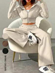 Two-Piece Set Women's Solid Zip Up Crop Jacket & Elastic Waist Pants, Casual Fashion Drop Shoulder Long Sleeve Top & High Waist Trousers for Daily Outdoor Wear, Women's Clothing for Fall & Winter， Rave 2 Piece Set