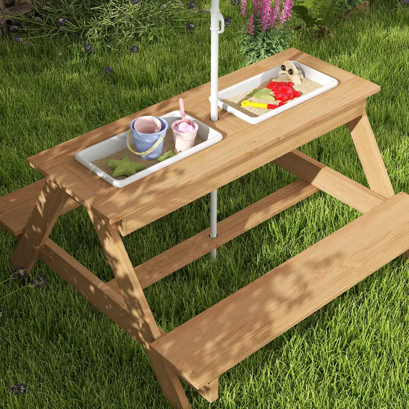 AIYAPLAY Wooden Kids Picnic Table, Sand and Water Table w/ Benches, Parasol 7