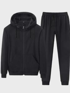 Two-piece Set Men's Early Autumn Thin Solid Pants Set, Zip Up Hoodie & Drawstring Waist Pants, Outfits for Fall Winter Indoor Outdoor