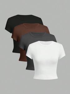 Women's Solid Round Neck Crop Tee, Casual Short Sleeve Crew Neck T-Shirt for Daily Wear, Ladies Clothes for All Seasons, Cute Tops