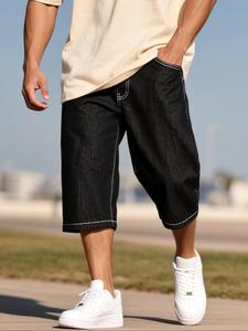 Men's Solid Color Straight Leg Denim Shorts, Loose Street Fashion Casual Comfy Pocket Jeans Shorts for Daily Wear, Men's Baggy Bottoms for All Seasons, Cotton