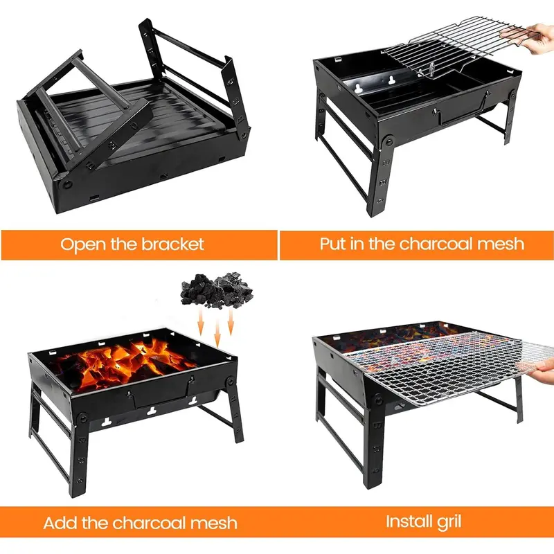 BBQ Barbecue Grill, Portable Foldable Charcoal Grill for Outdoor, Stainless Steel BBQ Tabletop Smoker for Picnic, Garden, Terrace, Camping, Travel, Hiking 4