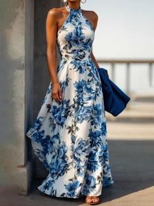 Women's Floral Print Zipper Back A Line Dress, Elegant Classy Flattering Formal Sleeveless Long Dress for Party Holiday Wedding Guest, Ladies Summer Clothes, Boho Womenswear, Bohemian Elegant Dresses, Chic Elegant Aesthetic Gowns