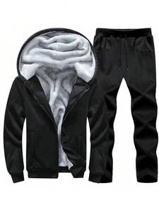 Men's Solid Thermal Lined Two-piece Set, Regular Fit Zip Up Hooded Jacket & Drawstring Waist Pants Set, Winter Outfits, Men's Casual Fall & Winter Clothes