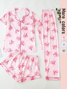 Women's Bow Print Pajama Set, All Over Print Top & Shorts & Pants PJ Set, Casual Comfy Loungewear Pyjama Set for Women