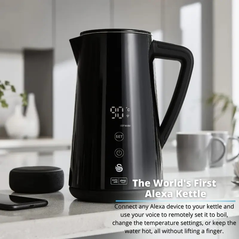 2025NEW-Swan SK14650BLKN Alexa Smart Kettle, LED Touch Display, Keep Warm Function, Stainless Steel Insulated, 1.5L, 1800W, Black 1
